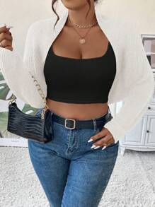 Calvaya 大码女式纯色针织休闲宽松舒适短款开衫，秋冬 - 白色 - 查看 1