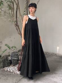 FRIFUL Buộc lại Xù Hoa Sen Váy Dây - màu đen - Xem 3