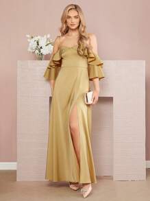 SHEIN Belle 挖肩荷葉邊高衩洋裝 - 棕色 - 查看 1