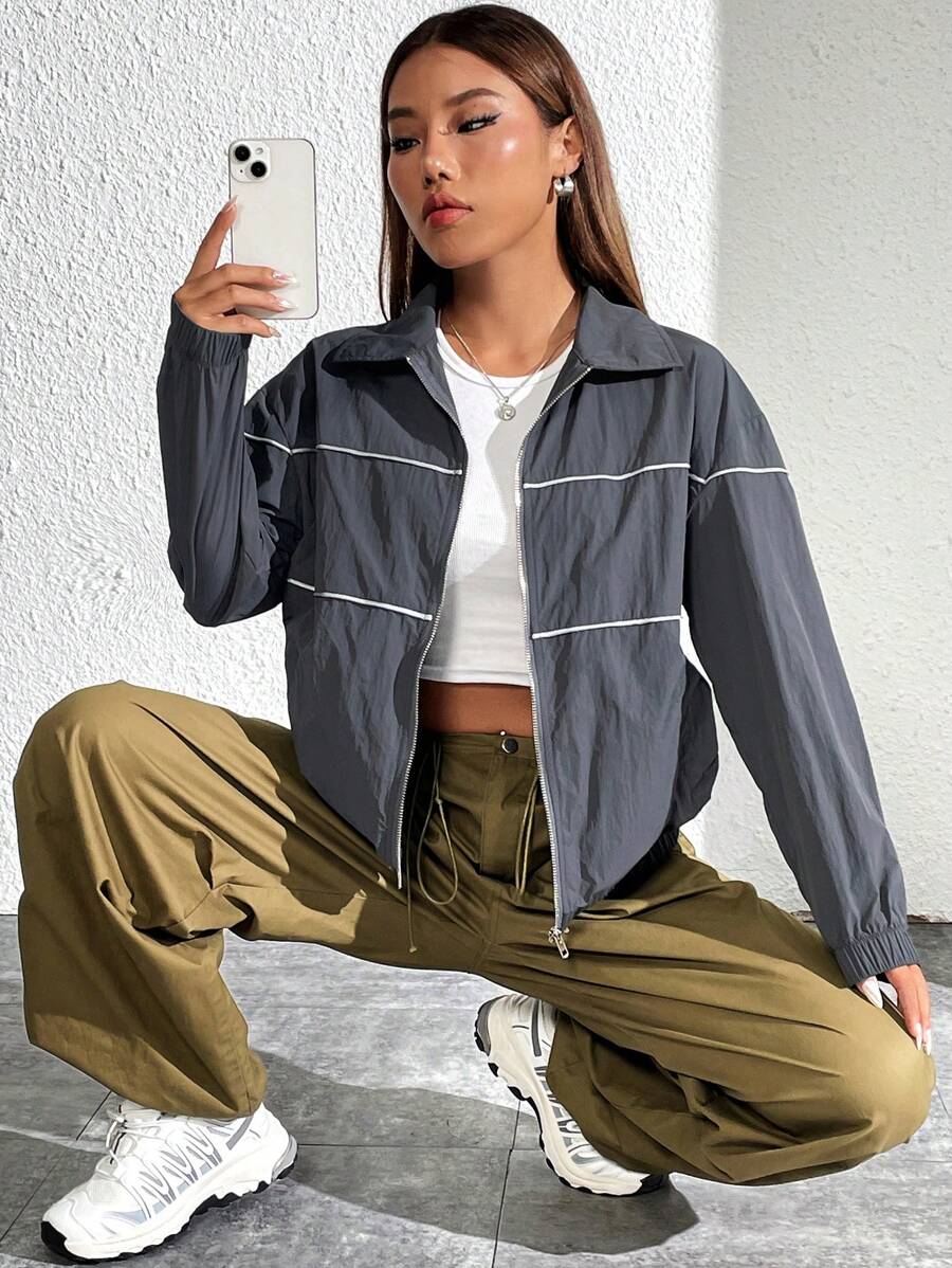 SHEIN Unity Contrast Piping Zip Up Windbreaker Jacket - Dark Grey - View 1
