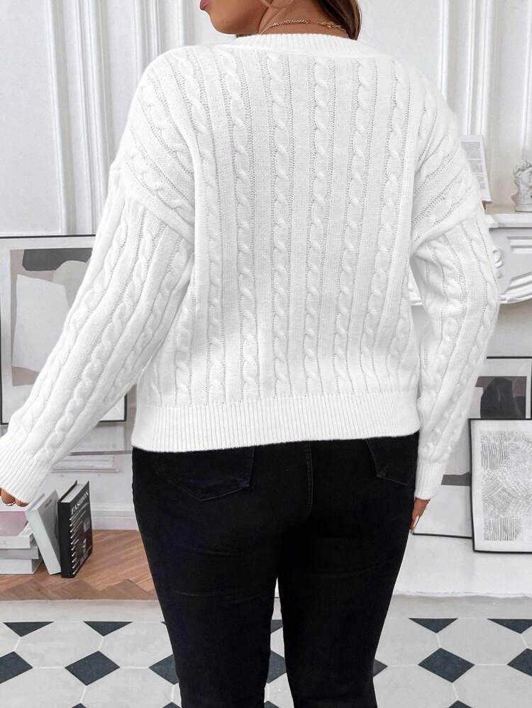 Plus Cable Knit Drop Shoulder Sweater, Winter Knit Pullover Fall Autumn