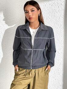 SHEIN Unity Contrast Piping Zip Up Windbreaker Jacket - Dark Grey - View 7