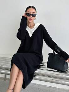 DAZY Panel Tương phản Thả vai Đầm Áo len - màu đen - Xem 5