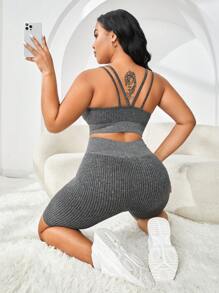 Plus Solid Rib Knit Sports Set - Grey - View 2