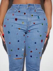 SHEIN SXY Rhinestone Ripped Raw Hem Jeans - Light Wash - View 5