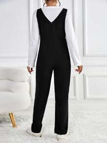 SHEIN Bộ đồ liền thân Bà bầu Thắt lưng Dây kéo Nút phía trước Tua màu trơn Giải trí - màu đen - Xem 2