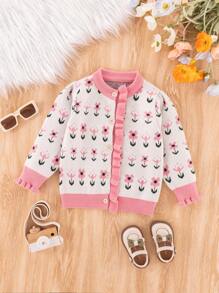 SHEIN Young Girl Floral Pattern Frill Trim Flounce Sleeve Cardigan - Pink - View 1