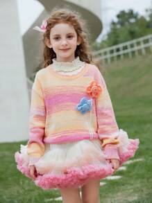 Young Girl 1pc Colorblock Floral Patched Sweater - Multicolor - View 3