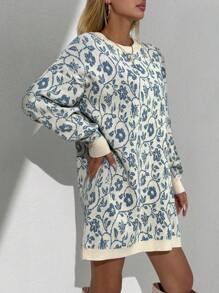 EURMUSE Floral Pattern Drop Shoulder Sweater - White - View 5
