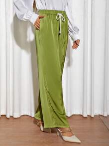 SHEIN Essnce Drawstring Waist Wide Leg Pants - Lime Green - View 5