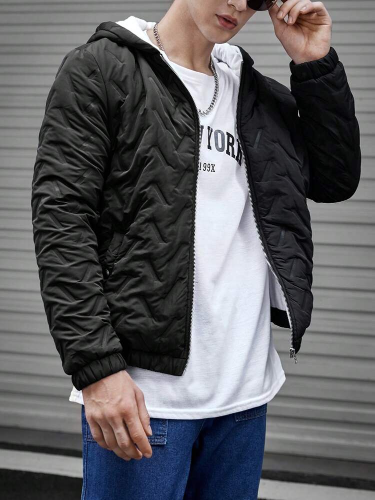 1pc Loose Fit Men's Zip-Up Hooded Quilted Jacket, For Fall Winter