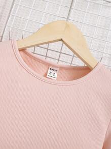 SHEIN Tween Girl Solid Lettuce Trim Tee - Baby Pink - View 6