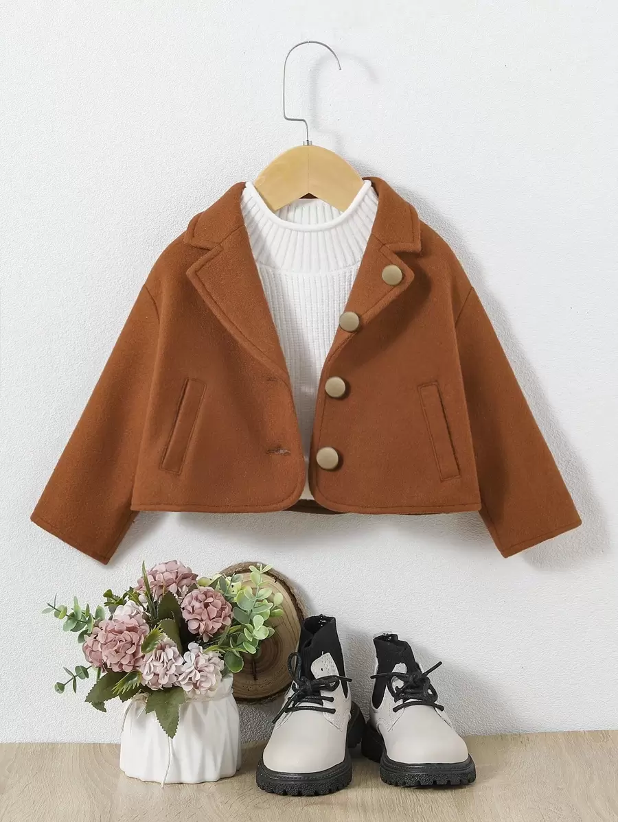 SHEIN 女嬰西裝領落肩袖花呢外套 - 棕色 - 查看 1