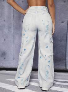 SHEIN PETITE 紮染翻蓋口袋工裝牛仔褲 - 淺色水洗藍 - 查看 2