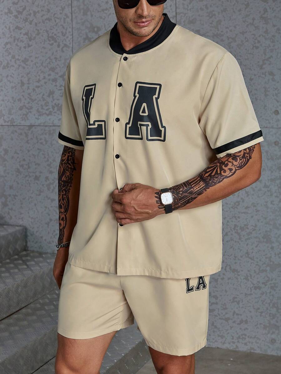 Manfinity Homme 男士大码字母圖案拼接邊襯衫&短褲 - 卡其色 - 查看 1