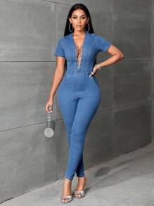 SHEIN SXY Cổ Lao Lace lên phía trước Quần áo nịt - Rửa nhẹ - Xem 2