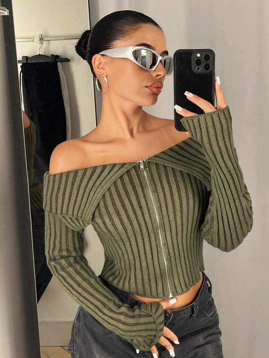 SHEIN ICON Y2K Grunge Off Shoulder Zip Up Crop Cardigan