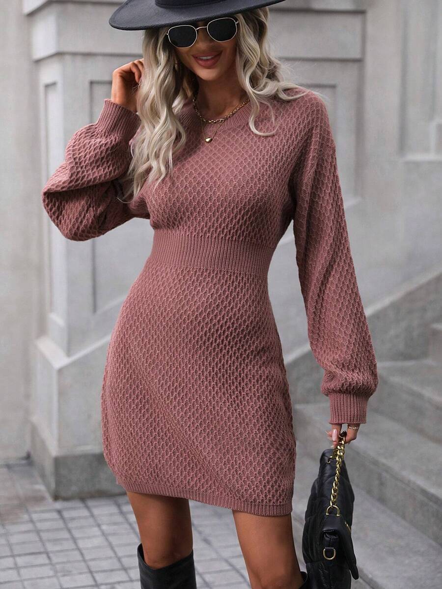 SHEIN LUNE 素色落肩袖毛衣洋裝 - 中紫紅色 - 查看 1