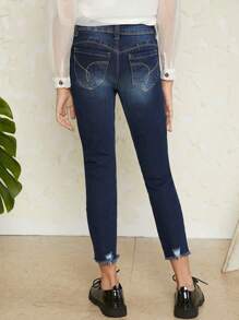 Tween Girl Ripped Raw Hem Jeans - Dark Wash - View 2