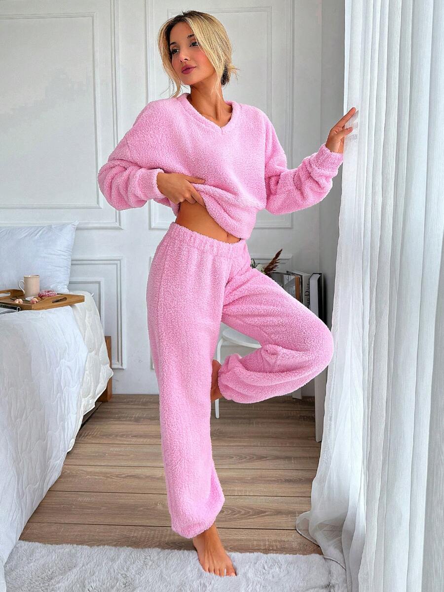 EURMUSE Thả vai Aó chui đầu Teddy & Quần - Hồng - Xem 1