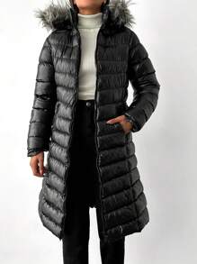 EURMUSE Fuzzy Hooded Belted Puffer Coat - Black - View 5