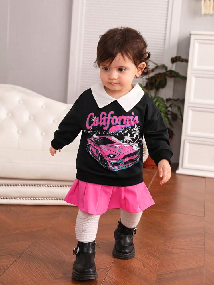 Baby Girl Car & Letter Graphic Contrast Collar Tee & Pleated Skirt