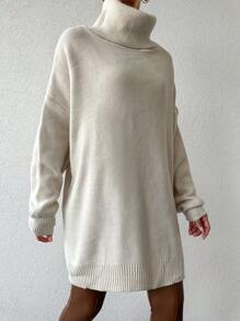 EURMUSE Turtleneck Drop Shoulder Sweater Without Belt - Beige - View 3
