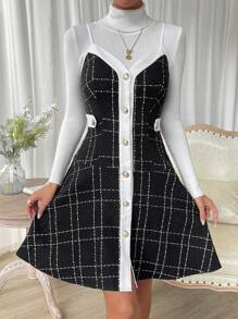 Chiquease In kẻ sọc Nút phía trước Váy Dây Không có áo len - màu đen - Xem 3