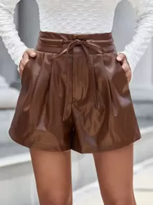 SHEIN Privé Slant Pocket Belted Patent Shorts - Coffee Brown - View 1