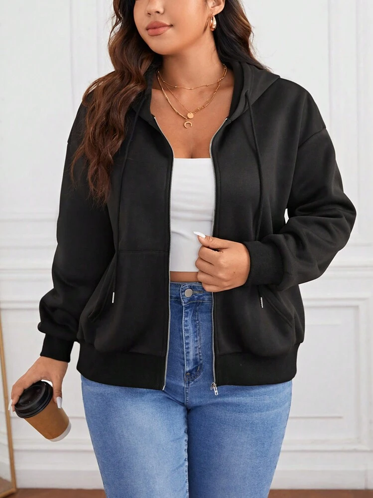 SHEIN Essnce Plus Zip Up Drop Shoulder Drawstring Hooded Jacket In Fall/Winter - Black - View 3