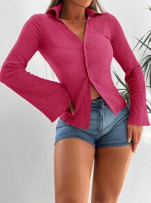 EURMUSE Solid Button Front Shirt - Hot Pink - View 1