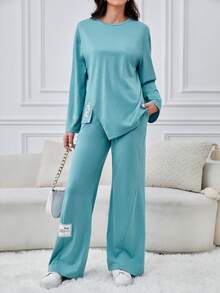 SHEIN Tall Letter Patched Drop Shoulder Tee & Pants - Mint Blue - View 4