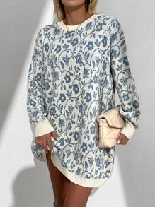 EURMUSE Floral Pattern Drop Shoulder Sweater - White - View 4