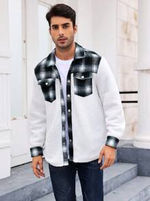 Manfinity Men 1pc Plaid Print Flap Pocket Teddy Panel Flannel Shirt - Multicolor - View 6