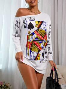 Playing Card Print Asymmetrical Neck Drop Shoulder Sweatshirt Dress - White - View 5