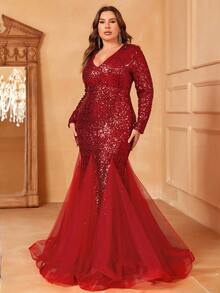 Faeriesty Plus Mesh Panel Sequin Party Dress - Red - View 6