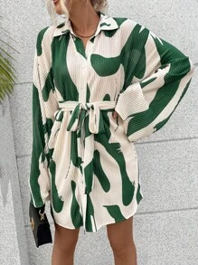 SHEIN LUNE Graphic Print Belted Shirt Dress - Multicolor - View 5