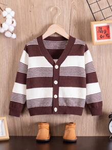 Young Boy Striped Pattern Cardigan - Brown - View 1