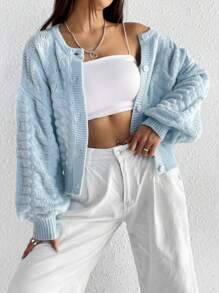 SHEIN Qutie Xoắn Dan Thả vai Áo len Mở - Màu xanh lam - Xem 1