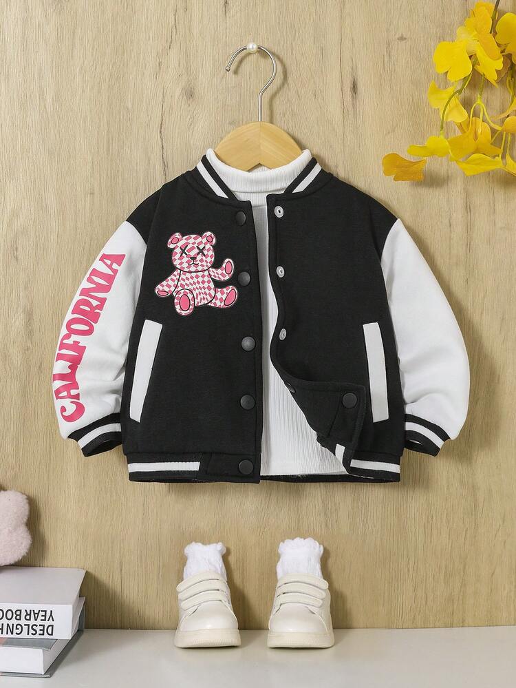 Baby Girl Letter & Bear Print Striped Trim Varsity Jacket Without Tee