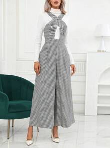 SHEIN Privé Gingham Print Wide Leg Jumpsuit Without Tee - Black and White - View 4