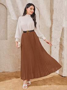 Modelyn Solid Pleated Skirt Without Belt - Coffee Brown - View 1