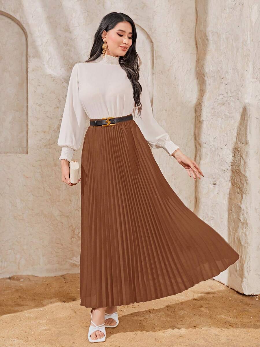 Modelyn Solid Pleated Skirt Without Belt - Coffee Brown - View 1