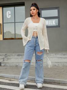 SHEIN Essnce Hơn Tie Trước Tay áo kèn  Áo Không có áo ngực - Màu be - Xem 2