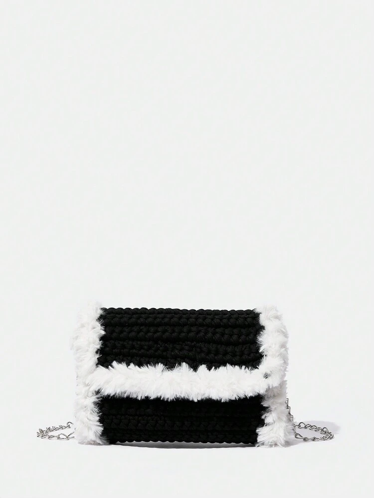 Fashionable Black Woven Bag With Furry Decoration, Flap Closure And Chain Shoulder Strap