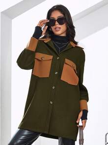 Eilly Bazar 拼色翻蓋口袋垂墜肩大衣 - 彩色 - 查看 4