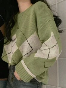 Argyle Plaid Drop Shoulder Sweater