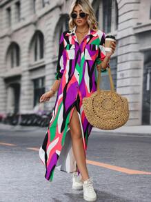 SHEIN LUNE Allover Print Button Front Shirt Dress - Multicolor - View 6