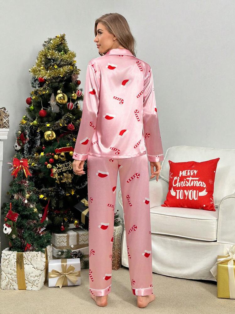 Conjunto de pijama sombrero de Navidad con estampado ribete en contraste de satén - Rosa - Ver 2