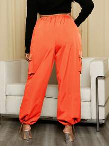 SHEIN SXY Plus Drawstring Waist Flap Pocket Side Pants - Orange - View 2